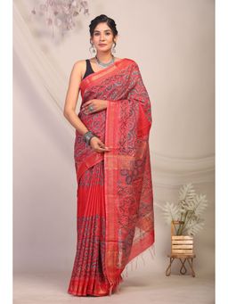 ANUTTARA - Red Bhagalpuri Handloom Cotton Silk Hand Block Saree with Unstitched Blouse