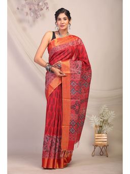 ANUTTARA - Bhagalpuri Handloom Cotton Silk Hand Block Red Saree with Unstitched Blouse