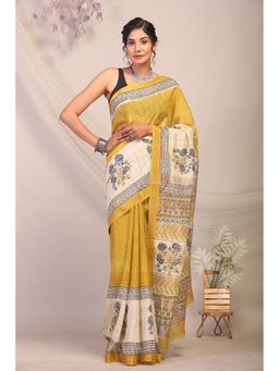 ANUTTARA - Bhagalpuri Handloom Cotton Silk Olive Green Hand Block Saree with Unstitched Blouse