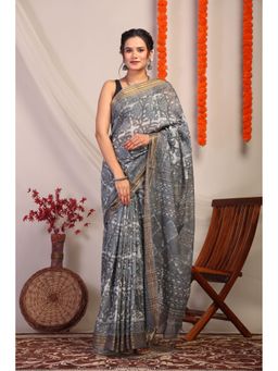 ANUTTARA - Women Bhagalpuri Handloom Cotton Silk Grey Hand Block Saree with Unstitched Blouse