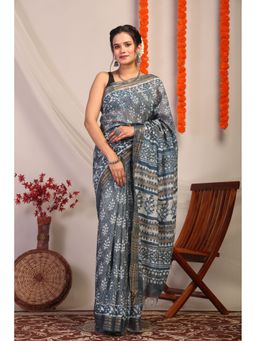 ANUTTARA - Bhagalpuri Handloom Cotton Silk Stone Blue Hand Block Saree with Unstitched Blouse