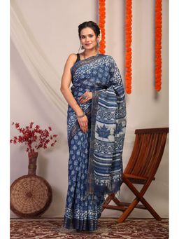 ANUTTARA - Bhagalpuri Handloom Cotton Silk Indigo Blue Hand Block Saree with Unstitched Blouse