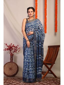 ANUTTARA - Bhagalpuri Handloom Cotton Silk Indigo Blue Hand Block Saree with Unstitched Blouse