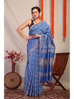 ANUTTARA - Women Bhagalpuri Handloom Cotton Silk Blue Hand Block Saree with Unstitched Blouse