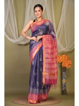 ANUTTARA - Bhagalpuri Handloom Kota Doria Blue Hand Block Saree with Unstitched Blouse