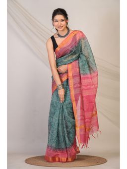 ANUTTARA - Bhagalpuri Handloom Kota Doria Teal Hand Block Saree with Unstitched Blouse