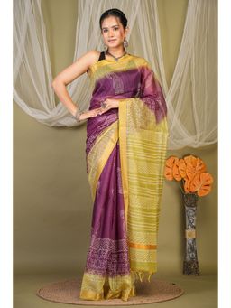 ANUTTARA - Bhagalpuri Handloom Kota Doria Purple Hand Block Saree with Unstitched Blouse