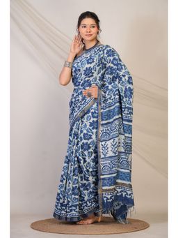 ANUTTARA - Bhagalpuri Handloom Cotton Silk Navy Blue Saree with Unstitched Blouse