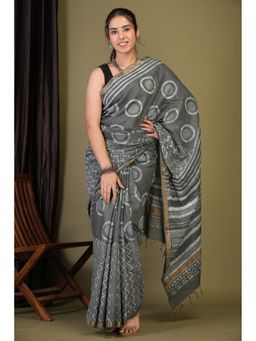 ANUTTARA - Bhagalpuri Handloom Cotton Silk Grey Hand Block Print Saree with Unstitched Blouse