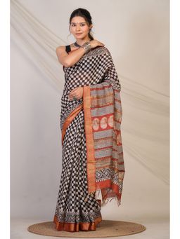 ANUTTARA - Bhagalpuri Handloom Cotton Silk Multicolor Hand Block Saree with Unstitched Blouse