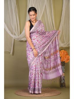 ANUTTARA - Bhagalpuri Handloom Fine Cotton Lavender Hand Block Saree with Unstitched Blouse