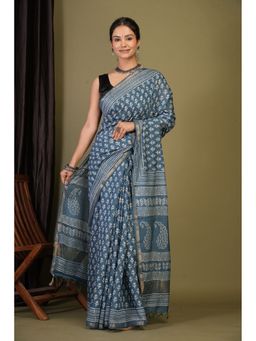 ANUTTARA - Bhagalpuri Handloom Cotton Silk Teal Blue Hand Block Saree with Unstitched Blouse