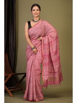 ANUTTARA - Women Bhagalpuri Handloom Cotton Silk Pink Hand Block Saree with Unstitched Blouse
