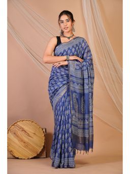 ANUTTARA - Women Bhagalpuri Handloom Cotton Silk Blue Hand Block Saree with Unstitched Blouse