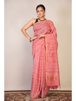 ANUTTARA - Women Bhagalpuri Handloom Cotton Silk Pink Hand Block Saree with Unstitched Blouse