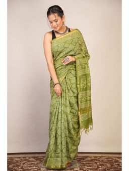 ANUTTARA - Women Bhagalpuri Handloom Cotton Silk Green Saree with Unstitched Blouse