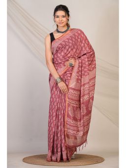 ANUTTARA - Women Bhagalpuri Handloom Cotton Silk Mauve Hand Block Saree with Unstitched Blouse