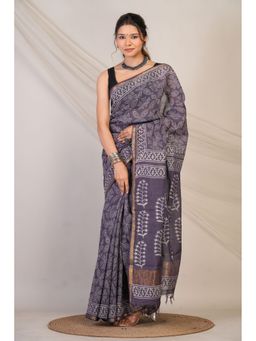 ANUTTARA - Bhagalpuri Handloom Cotton Silk Purple Mauve Hand Block Saree with Unstitched Blouse