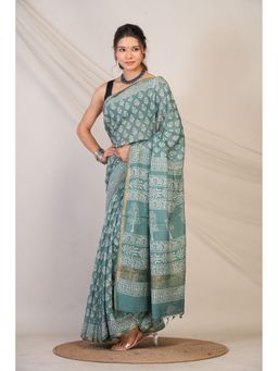 ANUTTARA - Bhagalpuri Handloom Cotton Silk Teal Green Hand Block Saree with Unstitched Blouse