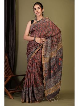 ANUTTARA - Women Bhagalpuri Handloom Cotton Silk Multi-Color Hand Block Saree with Unstitched Blouse