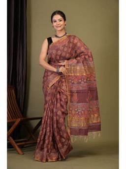 ANUTTARA - Women Bhagalpuri Handloom Cotton Silk Maroon Hand Block Saree with Unstitched Blouse