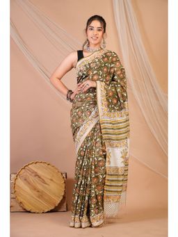 ANUTTARA - Bhagalpuri Handloom Cotton Silk Olive Green Hand Block Saree with Unstitched Blouse