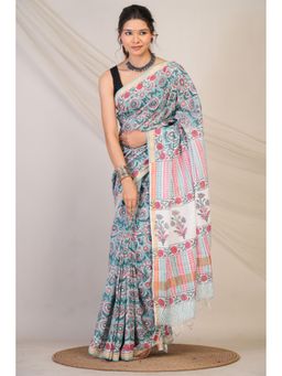 ANUTTARA - Bhagalpuri Handloom Cotton Silk Turquoise Hand Block Saree with Unstitched Blouse