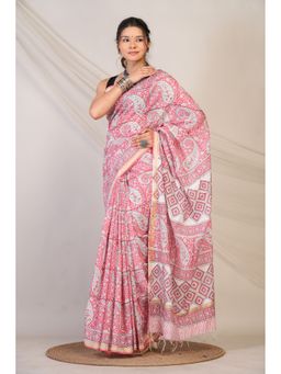 ANUTTARA - Bhagalpuri Handloom Cotton Silk Pink Pigment Hand Block Saree with Unstitched Blouse