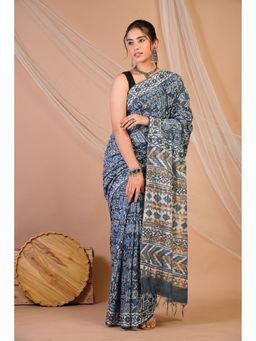 ANUTTARA - Bhagalpuri Handloom Cotton Silk Grey Hand Block Print Saree with Unstitched Blouse