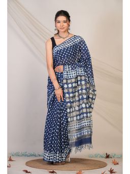 ANUTTARA - Bhagalpuri Handloom Cotton Silk Blue Hand Block Print Saree with Unstitched Blouse