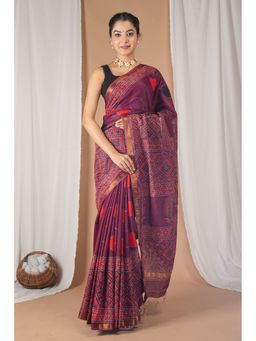 ANUTTARA - Women Bhagalpuri Handloom Cotton Silk Wine Hand Block Saree with Unstitched Blouse