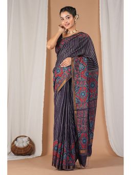 ANUTTARA - Women Bhagalpuri Handloom Cotton Silk Purple Hand Block Saree with Unstitched Blouse