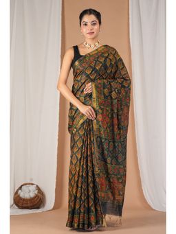 ANUTTARA - Bhagalpuri Handloom Cotton Silk Rama Green Hand Block Saree with Unstitched Blouse