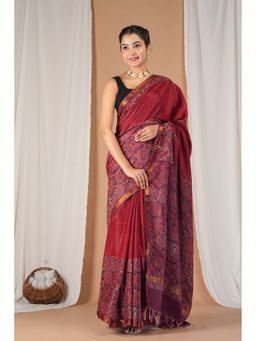 ANUTTARA - Women Bhagalpuri Handloom Cotton Silk Maroon Hand Block Saree with Unstitched Blouse