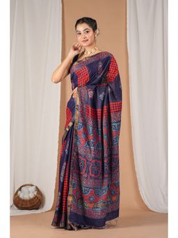 ANUTTARA - Women Bhagalpuri Handloom Cotton Silk Navy Blue Saree with Unstitched Blouse