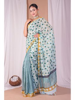 ANUTTARA - Bhagalpuri Handloom Kota Doria Mint Green Hand Block Saree with Unstitched Blouse