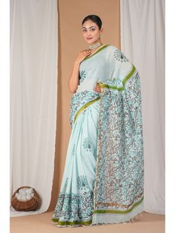 ANUTTARA - Bhagalpuri Handloom Kota Doria Mint Green Hand Block Saree with Unstitched Blouse