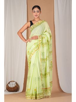 ANUTTARA - Bhagalpuri Handloom Kota Doria Parrot Green Hand Block Saree with Unstitched Blouse