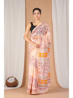 ANUTTARA - Bhagalpuri Handloom Kota Doria Peach Pigment Hand Block Saree with Unstitched Blouse