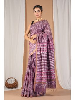 ANUTTARA - Bhagalpuri Handloom Cotton Silk Mauve Pink Hand Block Saree with Unstitched Blouse