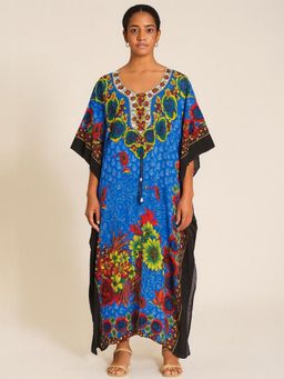 DESIGN ELEMENTS - Blue Silk Crepe Fabric Round Neck Kaftan Dress