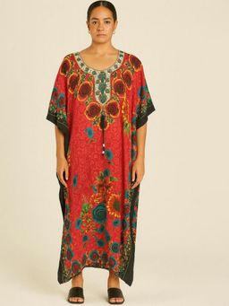 DESIGN ELEMENTS - Red Silk Crepe Fabric Women Kaftan Dress