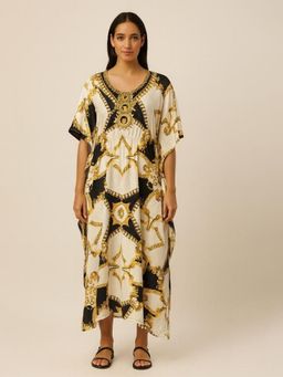 DESIGN ELEMENTS - Cream Silk Crepe Fabric Round Neck Kaftan Dress