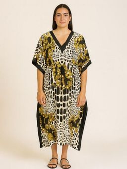 DESIGN ELEMENTS - Multi-Color Silk Crepe Fabric V-Neck Kaftan Dress