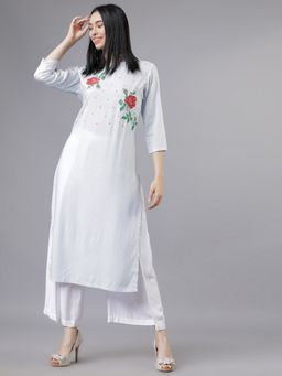 VISHUDH - Women White Embroidered Straight Kurta