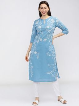 VISHUDH - Women Blue Floral Printed Keyhole Neck Kurta