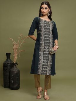VISHUDH - Teal Ethnic Motifs Printed Cotton Straight Kurta