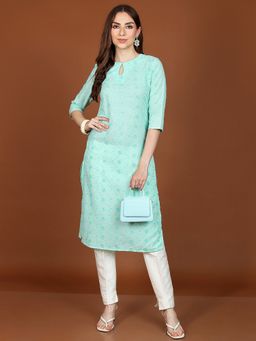 VISHUDH - Sea Green Floral Embroidered Keyhole Neck Sequinned Straight Kurta