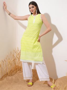 VISHUDH - Yellow Ethnic Motifs Embroidered Thread Work Straight Kurta