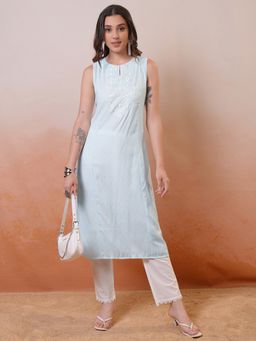 VISHUDH - Blue Floral Embroidered Thread Work A-Line Kurta